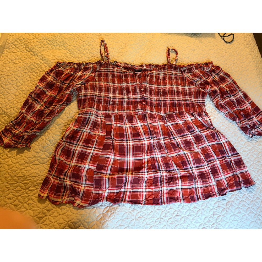 Torrid Red Plaid Smocked Off-the-Shoulder Peasant Top Plus Size 6 6X New